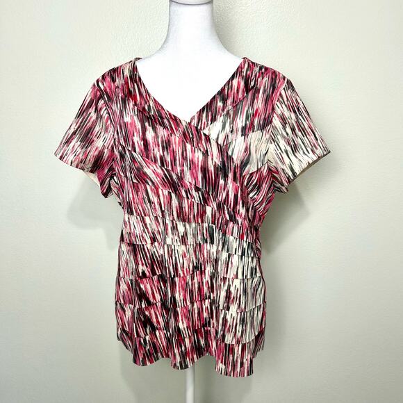 TanJay Petites PM Blouse Women’s Short Sleeve V Neck Ruffle Print Top - Picture 1 of 9